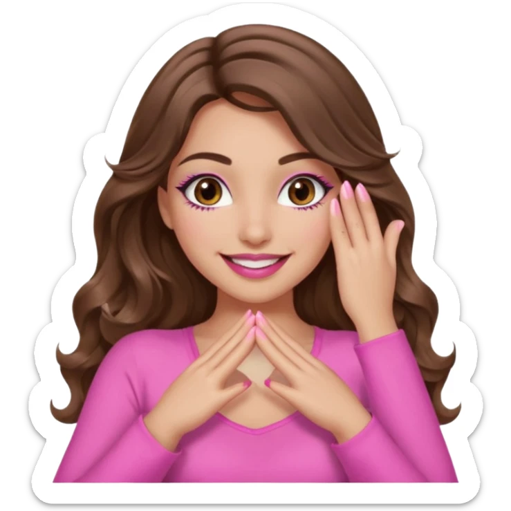 girl with long wavy brown hair, brown eyes, long lashes, sexy pink lips, light to medium complexion, wearing a pink sexy top, smiling, hands covering the eyes sticker