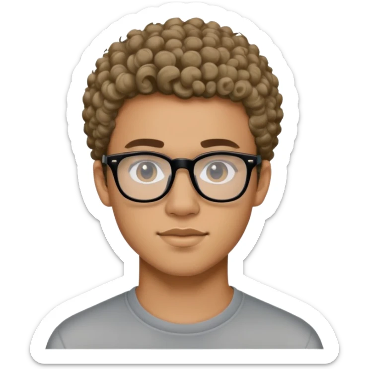 19 year old lightskinned young man with short curly hair and a trimmed beard and black glasses sticker