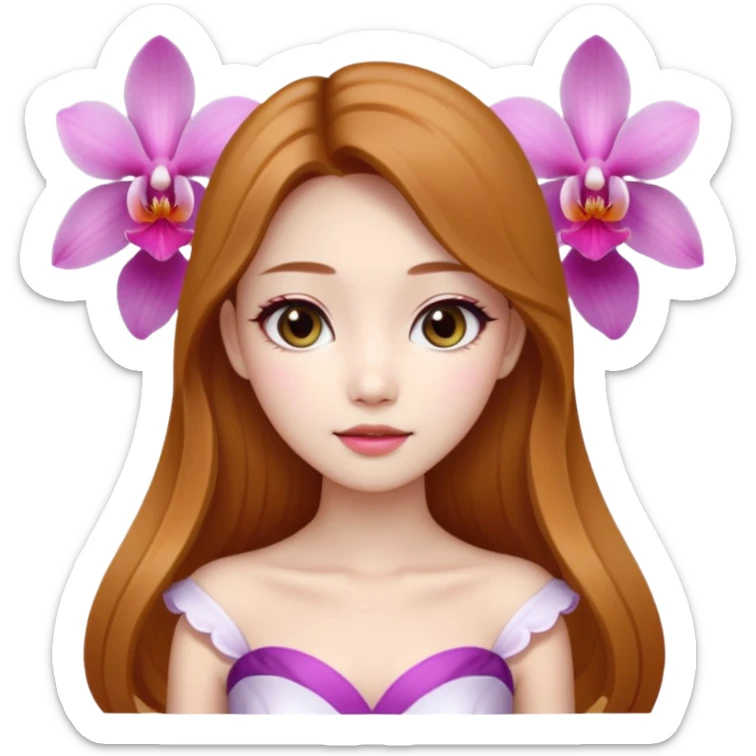 Asian girl with long golden brown hair white skin makeup natural with orchid white/pink only on her left ear, her dress is white  coquette  sticker