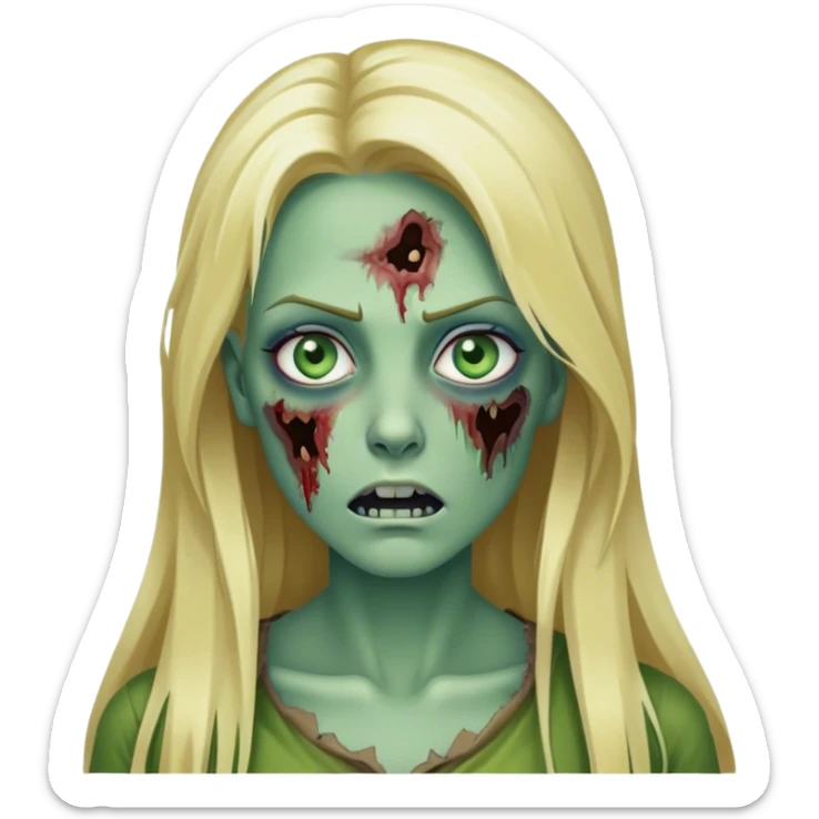 Mulher zumbi, loira, olhos azuis, cabelo liso escorrido, pele verde, cabelo longo sticker