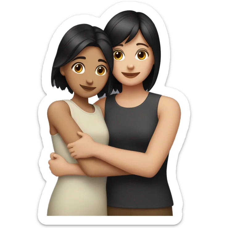 girl with black short hair hugging girl with a brown hair sticker