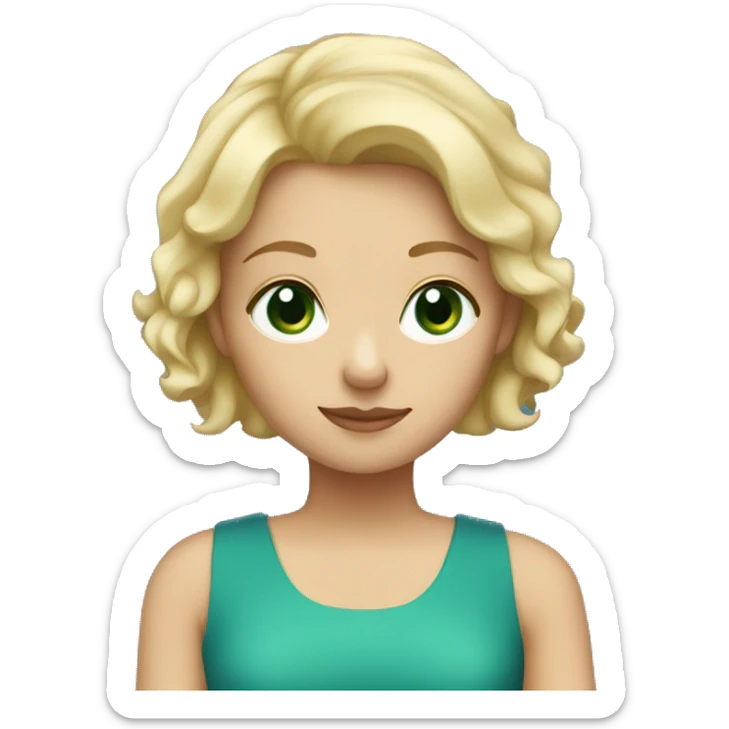 Blonde girl with green eyes and short hair down to her shoulders wearing a blue dress sticker