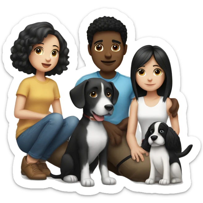 girl with white skin and black hair sitting next to a man with white skin and black hair, and a black and white colored dog sitting next to them and also a brown dog sitting next to them sticker