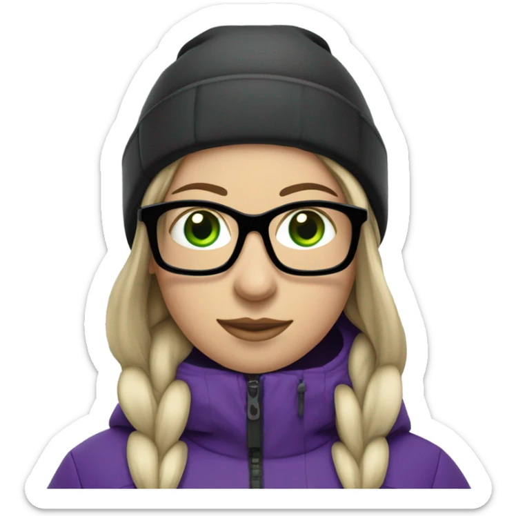 Green-eyed, slightly overweight female skier with long straight hair, glasses, purple snow jacket, long black pants, black only snow boots, black skis standing tall. sticker