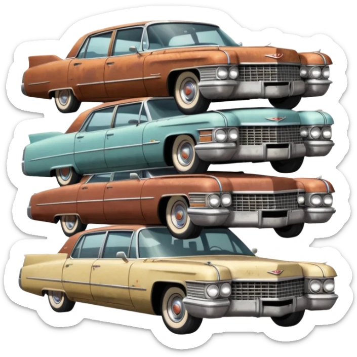 Cinematic realistic ultra HD - old abandoned Cadillac cars stacked in a pile sticker