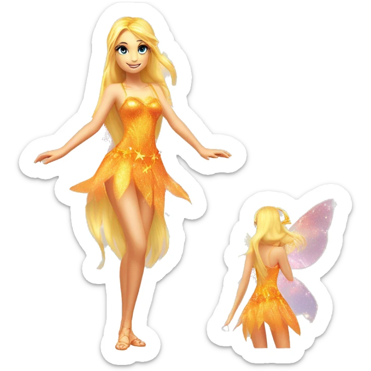 Stella adult fairy of the sun and the moon in her enchantix fairy orange two-piece clothing and fairy enchantix wings and long blonde hair from winx club. Lots of sparkles and fairydust. Full body pic and full fairy bliss sticker