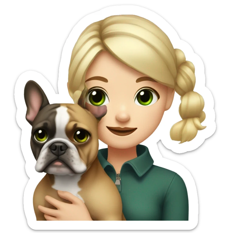 A blonde girl with green eyes with a square hugs a French bulldog with brown eyes and dark gray fur sticker