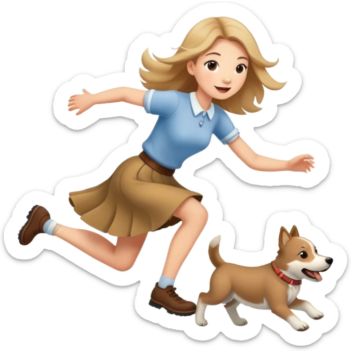 A beautiful girl with fair skin wearing a skirt happily chases the Alaskan dog sticker
