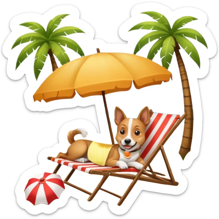 a dog laied on a beach chair, a sunny beach, a sun umbrella, and beach coconut trees. the icon should capture the essence of a relaxing beach vacation with a carefree atmosphere sticker