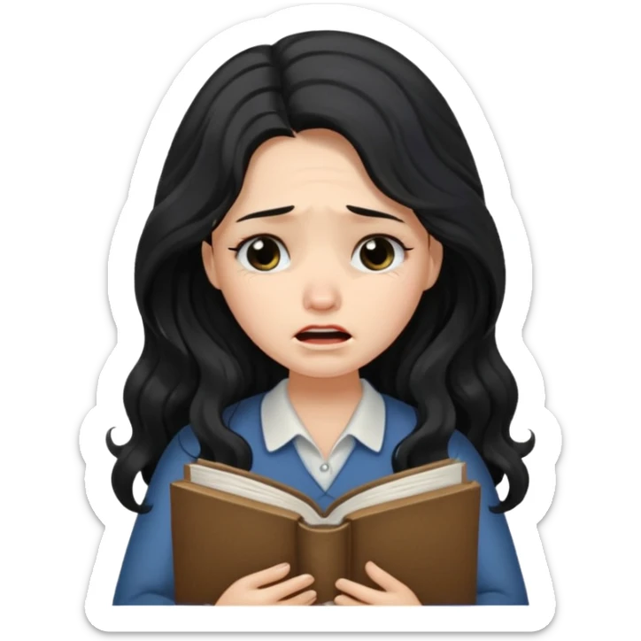 Long Hair Women with Book, Black wavy hair, crying

 sticker