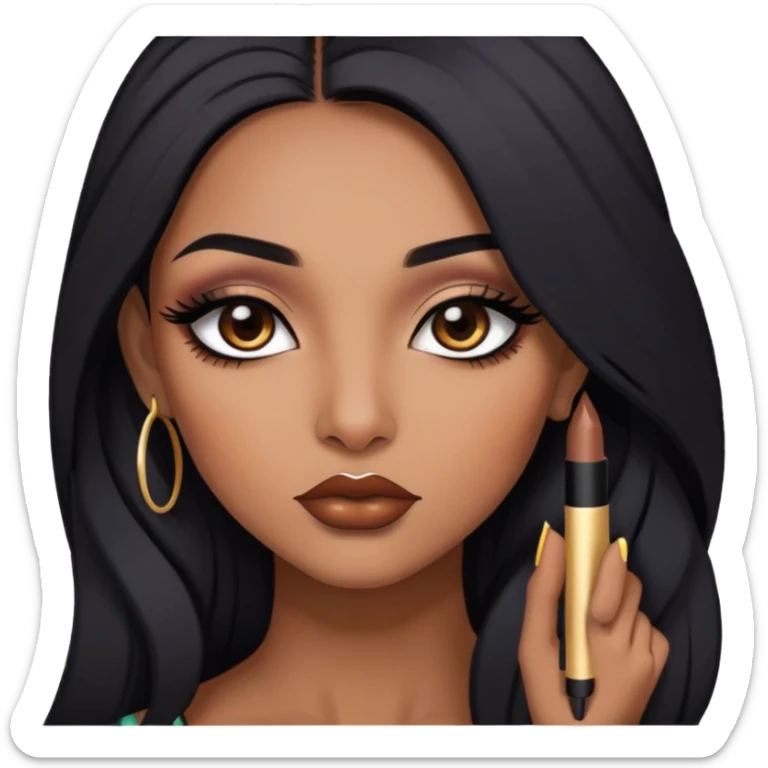 indian girl, brown skin, long black hair, brown underneath colored hair, baddie,pretty, makeup, lipliner, black eyeliner, sticker
