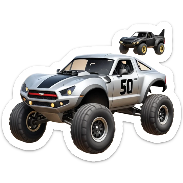 Satan’s and Vader (post race) Chardonnay-colored Dirty and dented Local Motors Rally Fighter off road race car hot rod trophy truck-style basher flying on a dusty road (silver wheels) sticker