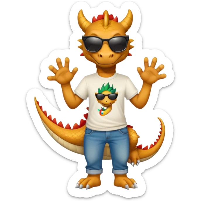 friendly anthropomorphised dragon in a hip-hop t-shirt and jeans wearing dark sunglasses sticker