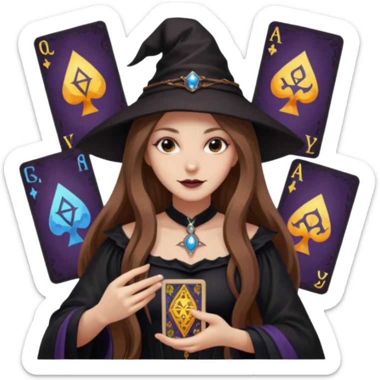 dark witch girl with long light brown hair and Tarot cards sticker