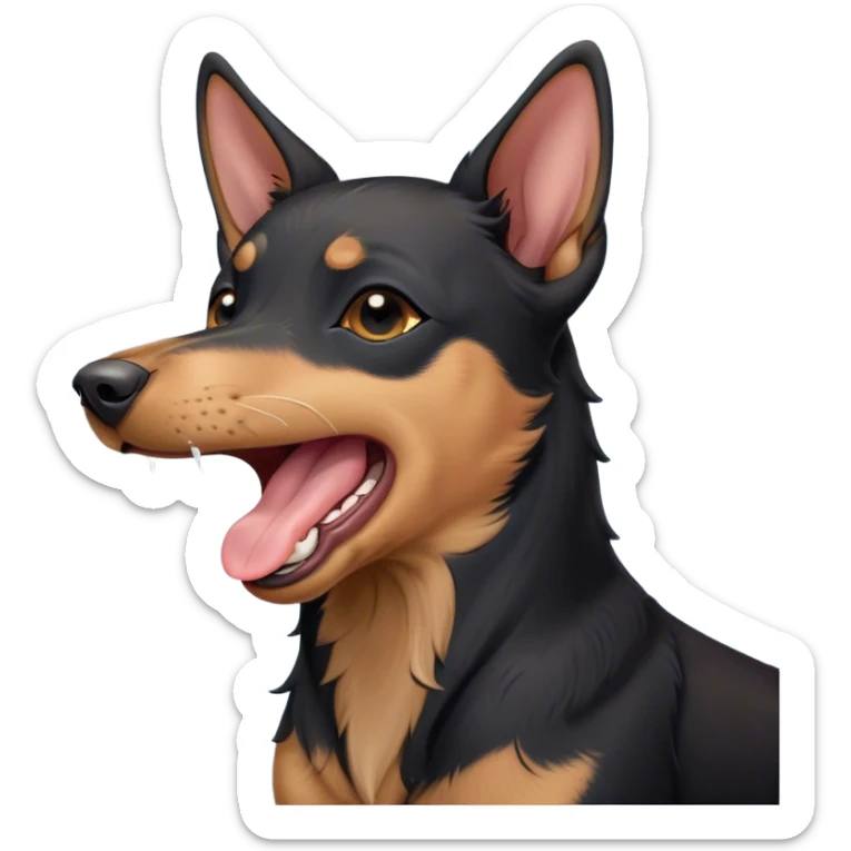 Cinematic Cute Yawning Black and Tan Kelpie Portrait Emoji, Head tilted slightly with a dramatic, wide-open yawn, showcasing a smooth black Fur with distinct tan accents, floppy ears slightly drooping, round dark eyes barely open in drowsy contentment, Simplified yet irresistibly adorable features, highly detailed, glowing with a soft, cozy glow, high shine, relaxed yet expressive, stylized with a touch of whimsy, bright and endearing, soft glowing outline, capturing the essence of a sleepy yet affectionate herder, so drowsy it feels like it could stretch out of the screen and curl up for a nap! sticker