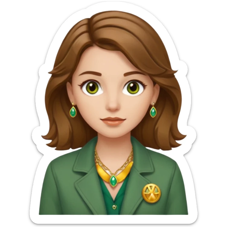 White girl with hazel Brown eyes Brown and slighly wavy medium hair. Make her with a green jacket and gold jewlery.  sticker