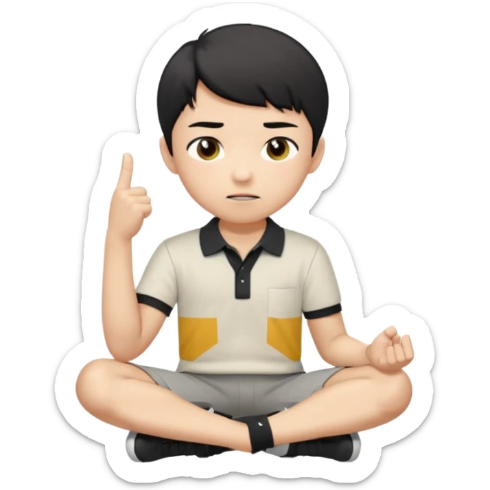 A cartoon young Asian boy with short black hair, light beige skin, and large expressive eyes, wearing a white polo shirt, gray pants, and black shoes. He sits cross-legged on the ground, one fist resting on his cheek, with a closed-mouth smirk. Clean lines, flat colors, solid black background. sticker