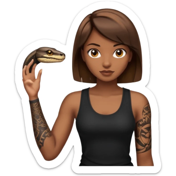 Femme brune yeux marron avec une coupe carré noir qui descend sur l'épaule , femme couleur de peau typé, avec un cobra a côté , débardeur noir , avec un tatouage sur le bras droit sticker