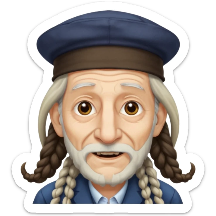 Jewish elderly man emoji with long dread hair on the sides and jewish hat, long big nose and crooked teeth sticker