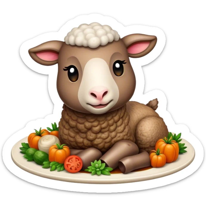 Cinematic Realistic Roast Lamb Dish Emoji, depicted with tender, succulent lamb roasted to perfection and served with seasonal vegetables, rendered with rich textures and inviting warm lighting that captures its traditional heritage. sticker