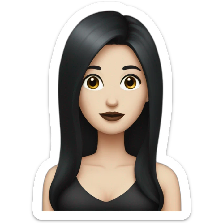 pale woman with long black hair and dark makeup wearing black dress sticker