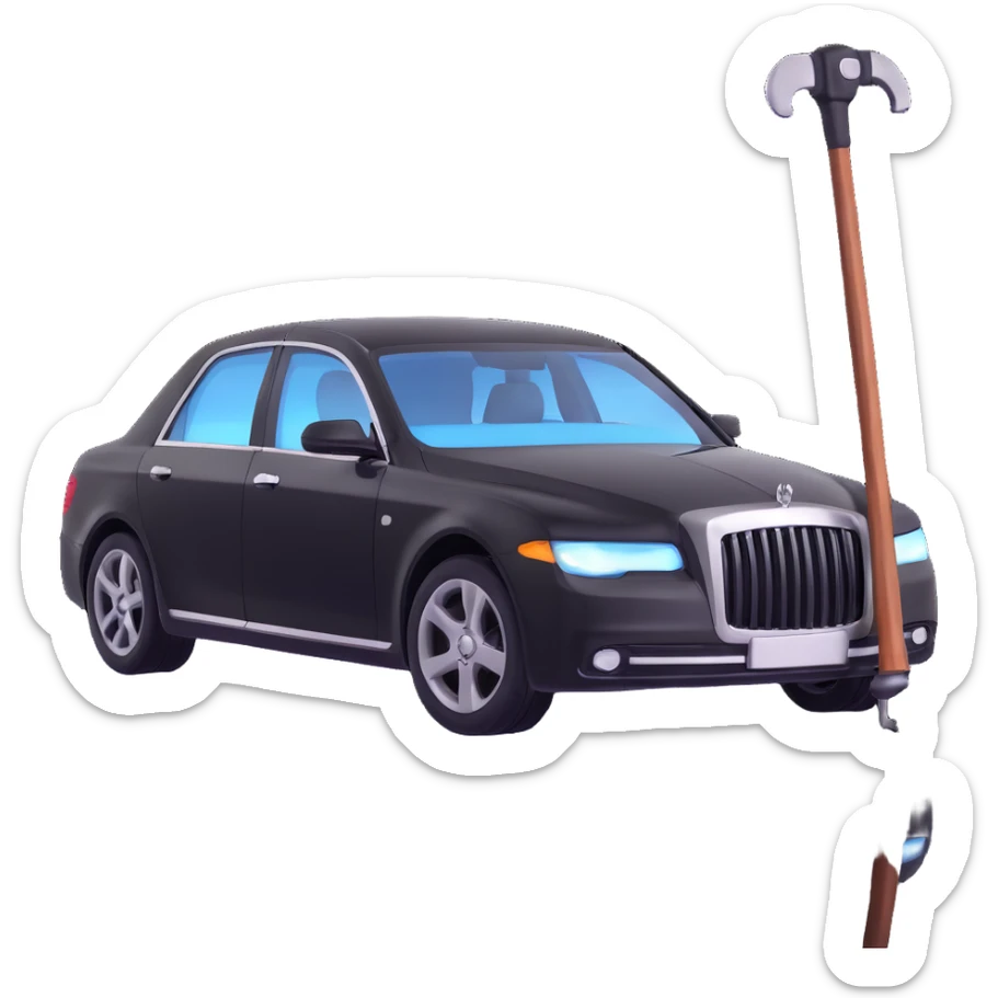 black luxury car with a visible dent, a hammer and a rod forming an X in the upper right part of the vehicle, reflection lamp illuminating the car, elegant and modern sticker