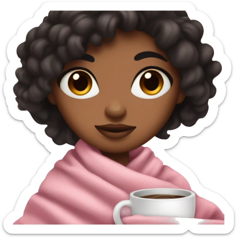 Brown skin girl with black silky hair with a cozy pink and white blanket on with brown eyes and coffe sticker