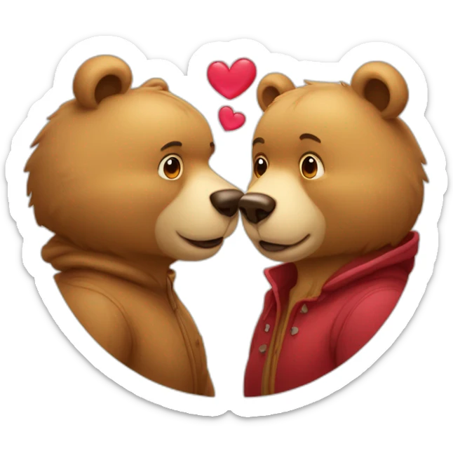 Female bear and male bear kissing, face only, hearts above them sticker