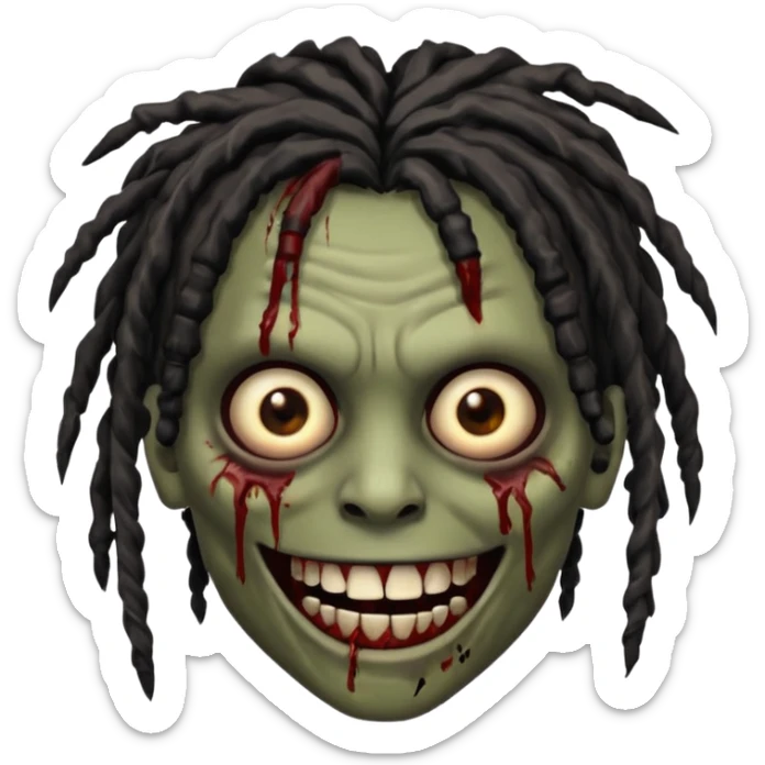 zombie with brown skin, messy black dreads hair, wide centered brown eyes, dark bloody marks under the eyes, and a smile showing grillz, giving a distressed, undead look. sticker