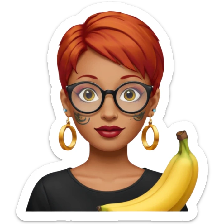 red hair woman with extra  big earring and face tattoed and wearing big banana glasses sticker