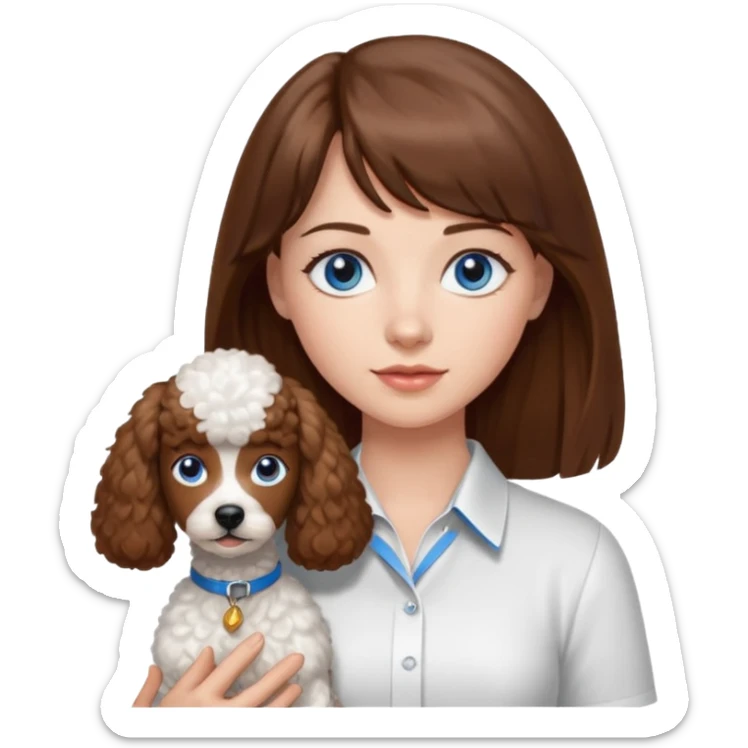 Kobieta z długimi brązowymi włosami, ma grzywkę i niebieskie oczy. Ubrana w białą koszulę. Trzyma na rękach brązowego pudelka. sticker