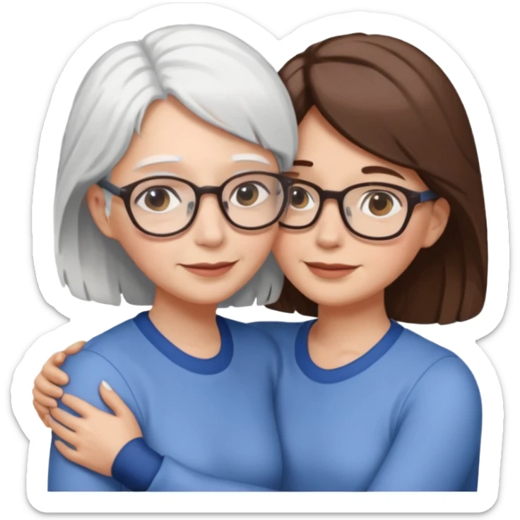 Abrazo de Madre con pelo blanco y gafas y hija con pelo morena sin gafas sticker