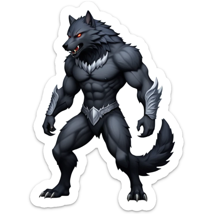 cinematic-noble-fierce-werewolf-full body-emoji, poised-and-imposing, with a tall, slender yet muscular frame inspired by the brutal, imposing shape of the beast from Berserk, fur rippling in shades of midnight black and silver, eyes glowing with an intense, primal ferocity, reflecting the untamed power of the wild moonlit night; rendered with realism sticker