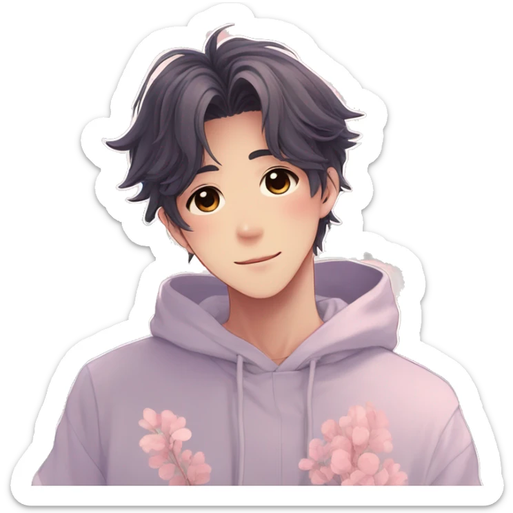 Gorgeous pastel anime style shojo guy with blushing face and flowers aesthetic trending style outside sticker
