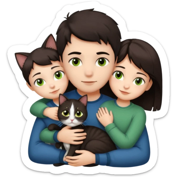 Crea un emoji donde salga un chico de pelo moreno con los ojos claros, una chica de pelo morena con los ojos marrones y UN gato europeo comun de pelaje oscuro y ojos verde claro, quiero que se esten abrazando el chico y la chica, y el gato este en el medio sticker