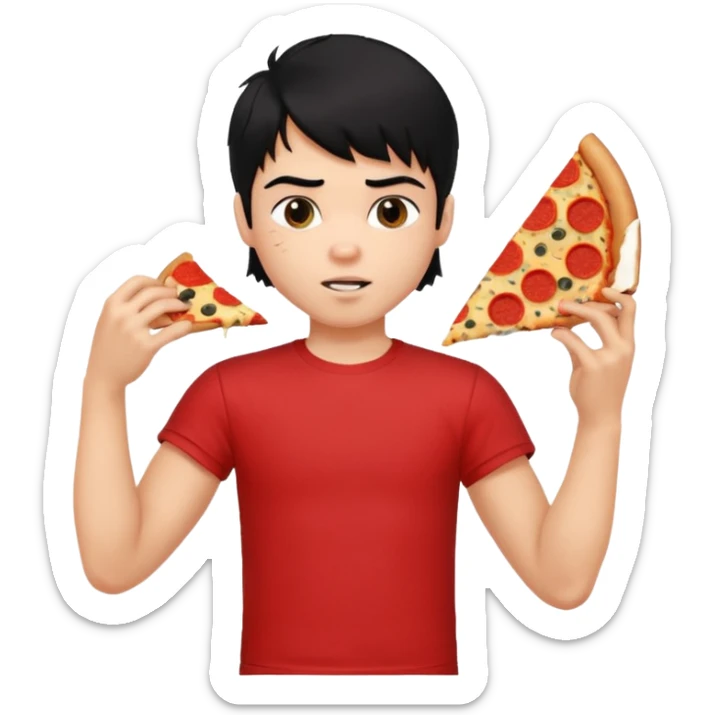 generate a pretty fair bratz boy with a messy mullet (black hair), wearing a red tshirt. eating pizza. He has big biceps sticker