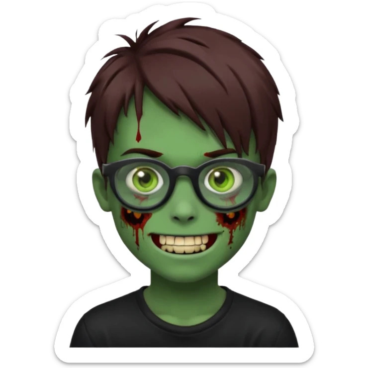 Zombie emo boy, green skin and brown hair, black glasses and a scary smile, scars and blood under eyes sticker