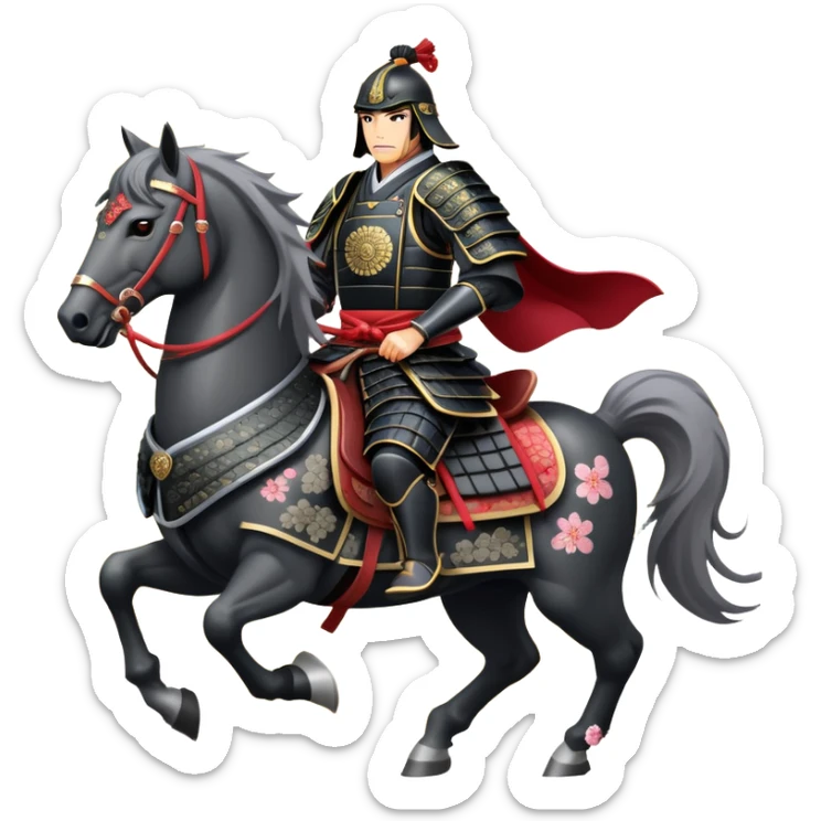 clash-of-clans-aesthetic_-cinematic-fearsome-and-majestic-samurai-bust-portrait-emoji, rendered in a flat, vector-style with minimal shading and bold, simplified shapes typical of emoji art, depicting a battle-hardened samurai with steely eyes and traditional black Japanese armor. The samurai is riding a noble grey warhorse adorned with an intricately designed saddle and fluttering banners, against a backdrop of cherry blossoms and a rising sun. a samurai on a   horse sticker