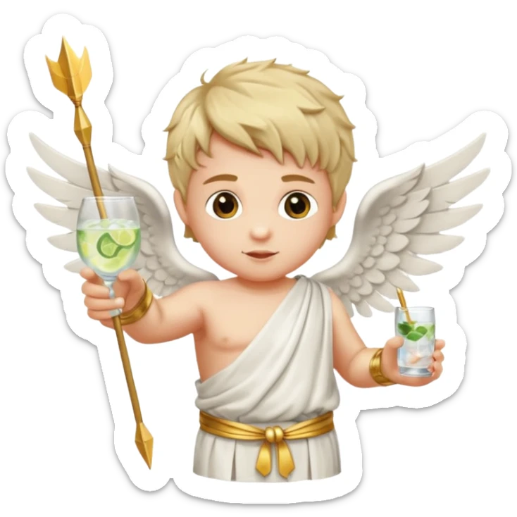 Cupid (with wings) with his arrow in his right hand, mixing a glass of Gin Tonic in his left hand sticker