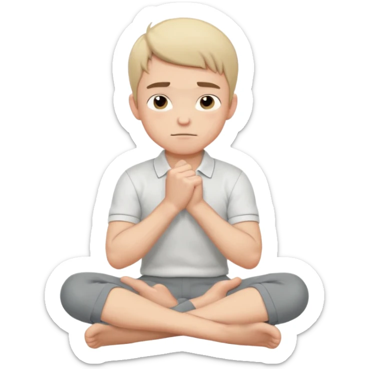 Cartoon boy sitting cross-legged, his fist pressed to his cheek, wearing a white polo and gray pants. He has a smug smirk, eyes looking forward. Clean lines, flat colors, solid black background, vector art, character sheet style. sticker
