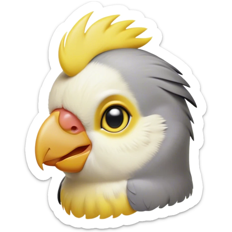 Cinematic Cute Cockatiel Portrait Emoji, Head tilted playfully and inquisitively, featuring a smooth grey fur with bright yellow accents and a perky crest, round, sparkling dark eyes filled with curiosity, Simplified yet irresistibly adorable features, highly detailed, glowing with a warm, friendly glow, high shine, affectionate and lively, stylized with a touch of whimsy, bright and endearing, soft glowing outline, capturing the essence of a mischievous yet loving cockatiel, so playful it feels like it could chirp out of the screen and into your arms! sticker