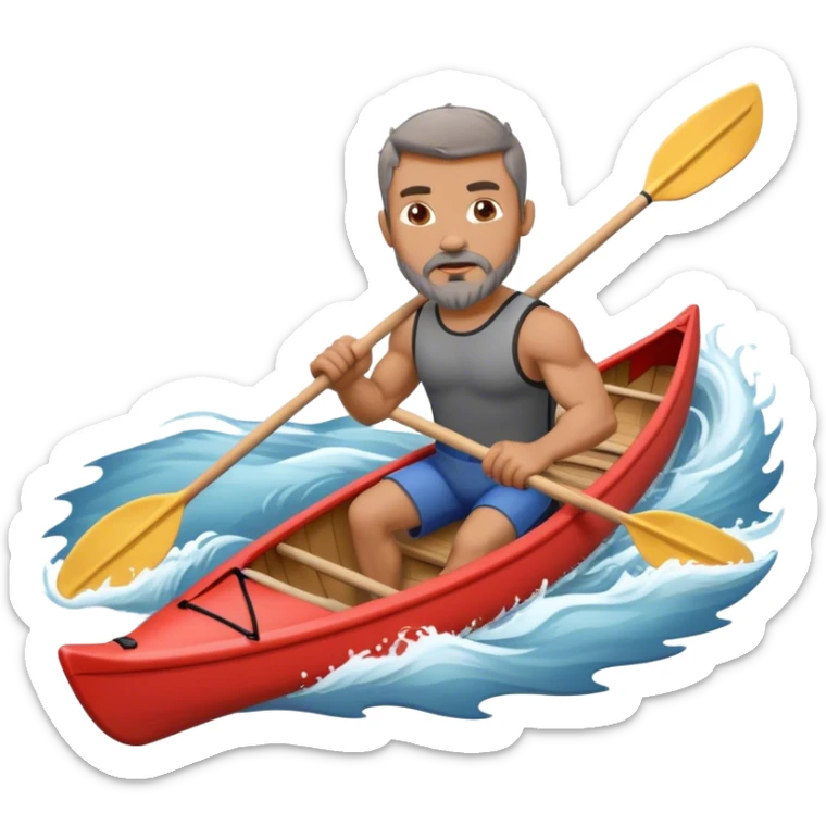 Muscular Man with short brown hair and gray goatee paddling canoe against a strong current sticker