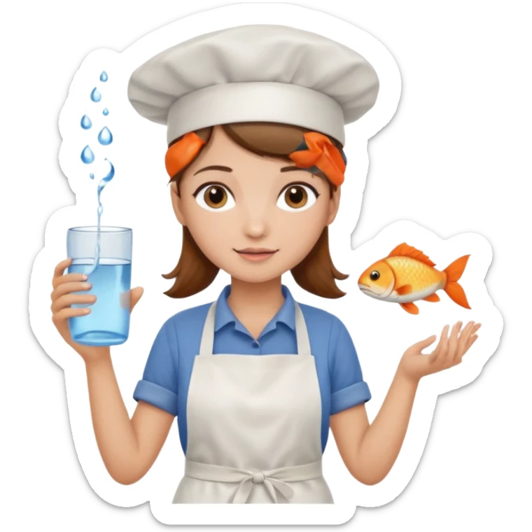 A girl with brown hair with a chef hat wearing an apron and holding a fish and a cup of water in another hand sticker