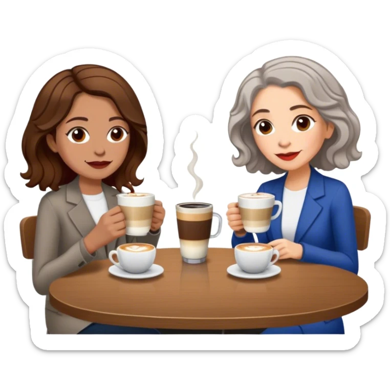 puerto rican woman light skin with shoulder-length, wavy, brown hair drinking latte with older, pale jewish woman with short, red gray, very straight hair drinking espresso at table sticker