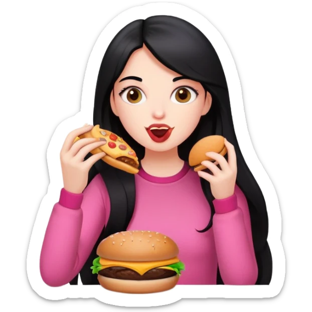 White girl in pink clothes and long black hair eating burger and pizza sticker