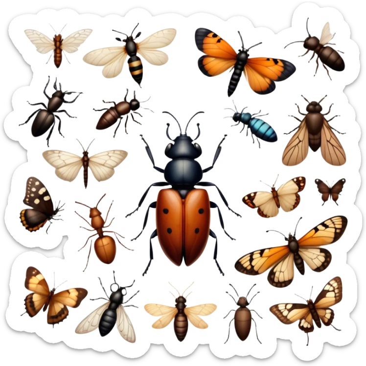 Close-up of various home insects, such as beetles, ants, and butterflies, showcasing their intricate details, wings, and body structures. Soft lighting accentuates their features. Transparent background. sticker