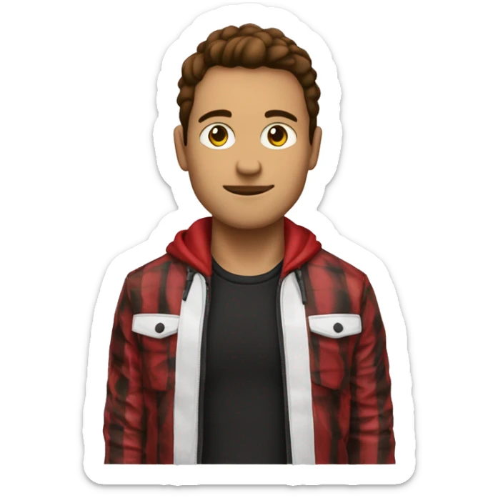 chico blanco con chaqueta roja con cuadros negros y el pelo castaño sticker