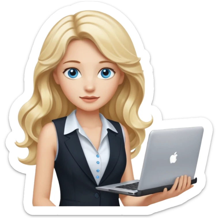 3D Apple-style emoji of a blonde woman whits long wavy hair, with bright blue eyes,
wearing a white sleeveless top,
holding a silver laptop,
clean white background, smooth rounded design
black suite sticker