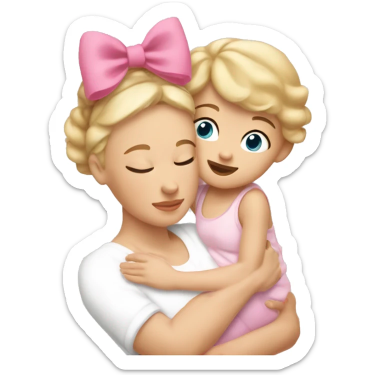 white blonde woman cuddling with baby girl with short light brown hair with a big pink bow on her head sticker