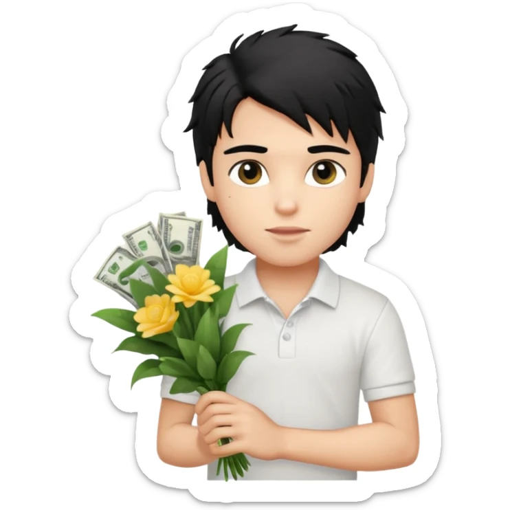 generate a pretty fair bratz boy with a messy mullet (black hair), wearing a white polo.  carrying a bouquet made of money. Fancy card behinf him sticker